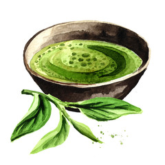 Organic green Matcha tea with green tea leaves. Watercolor hand drawn illustration,  isolated on white background