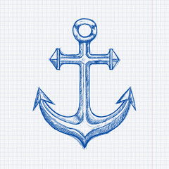 Anchor. Blue hand drawn sketch on lined paper background