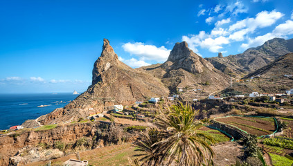 Rocks near Taganana village at Anaga Country Park on Tenerife, Spain. Copy space in sky. © Valerie2000