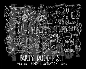 Hand drawn Sketch doodle vector line Party element icon set on Chalkboard eps10