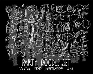 Hand drawn Sketch doodle vector line Party element icon set on Chalkboard eps10