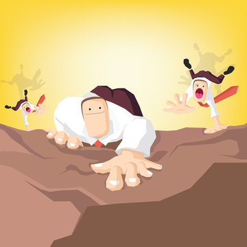 Businessman climbs up the cliff with other competitors