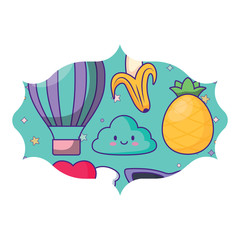 arabic frame with kawaii clouds and fruits pattern over white background, vector illustration