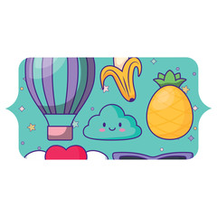 banner with kawaii clouds and fruits pattern over white background, vector illustration