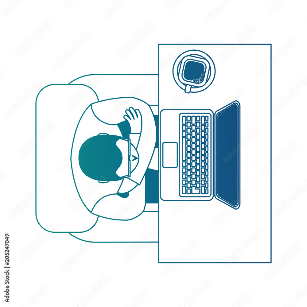 Poster aerial view of man working with computer and cup coffee vector illustration design