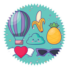 seal stamp with kawaii clouds and fruits pattern over white background, vector illustration