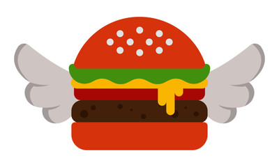 Vector illustration of Burger with Wings. Flying Food Concept.
