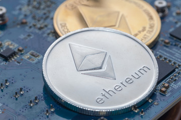 close up of bitcoin on Printed circuit board