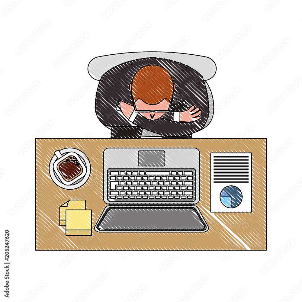 Poster aerial view of man working with computer and office objects vector illustration design