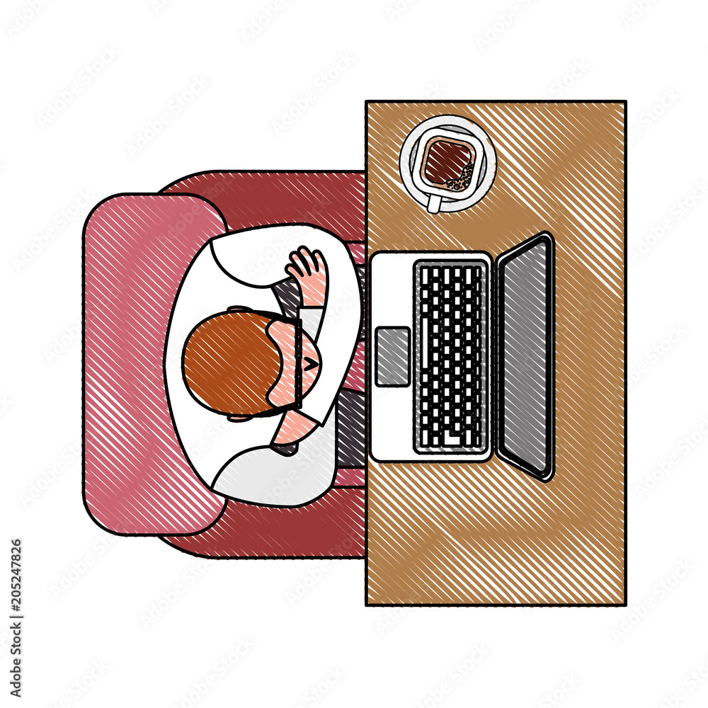 Poster aerial view of man working with computer and cup coffee vector illustration design