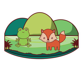 cute frog and fox on landscape  over white background, colorful design. vector illustration