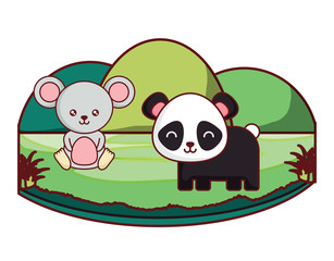 cute panda bear and mouse on the grass over white background, colorful design. vector illustration