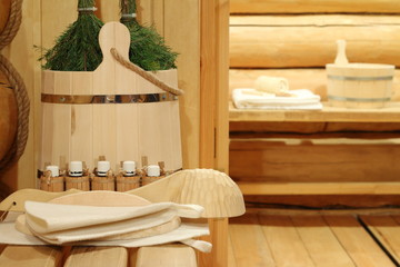 Fototapeta na wymiar Traditional accessories for sauna and bath.