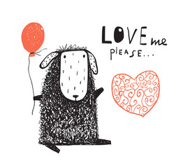 Adorable hand drawn lamb with love me sign. Vector illustration.