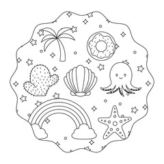 circular frame with cute octopus and related icons pattern over white background, vector illustration