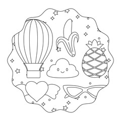 circular frame with kawaii clouds and fruits pattern over white background, vector illustration