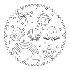 seal stamp with cute octopus and related icons pattern over white background, vector illustration