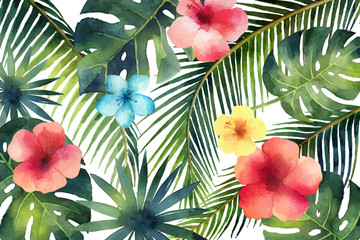 Watercolor vector banner tropical leaves and branches isolated on white background.