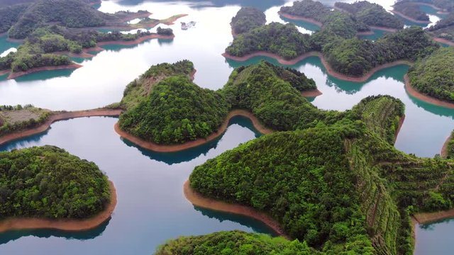 Aerial View of Thousand Island Lake. Bird View of Freshwater Qiandao Hu. Sunken Valley in Chunan Country, Hangzhou, Zhejiang Province, China.