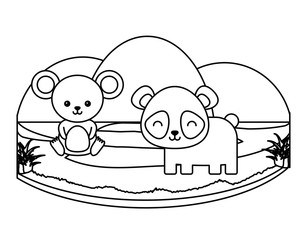 cute panda bear and mouse on the grass over white background, vector illustration