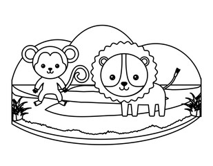 cute tiger and monkey on the grass over white background,  vector illustration