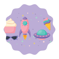 circular frame with rockets and spaceships pattern over white background, vector illustration