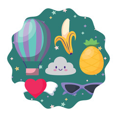 Naklejka premium circular frame with kawaii clouds and fruits pattern over white background, vector illustration