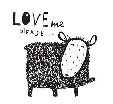 Love me says the sheep sign. Cute hand drawn illustration. Vector cartoon.