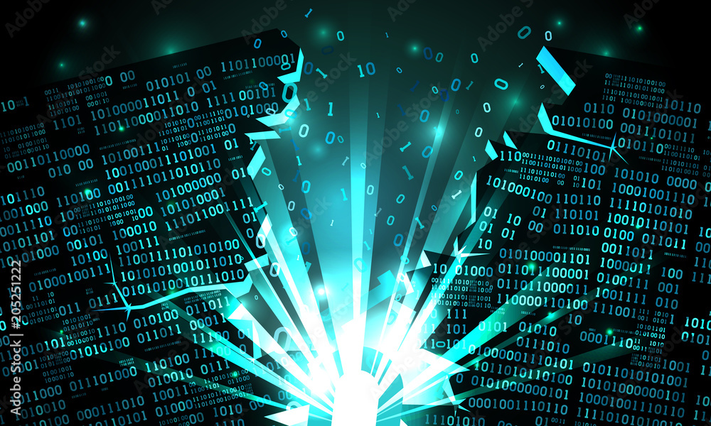 Poster Abstract futuristic cyberspace with a hacked array of binary data, explosion with rays of light, blown-up binary code, matrix background, firewall big data, well organized layers