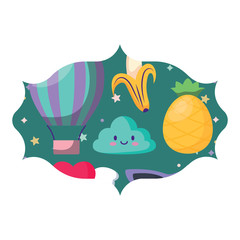 Fototapeta premium arabic frame with kawaii clouds and fruits pattern over white background, vector illustration
