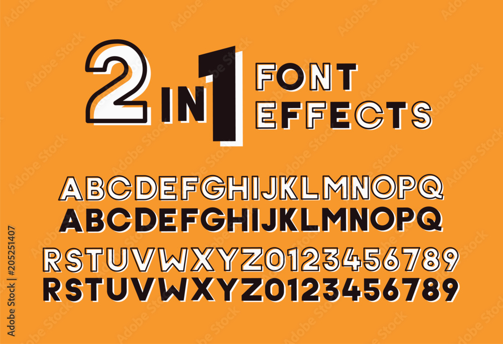 Poster 2 in 1 font effects. set of two sans serif alphabet graphic styles. outline and bold shadow. vector 