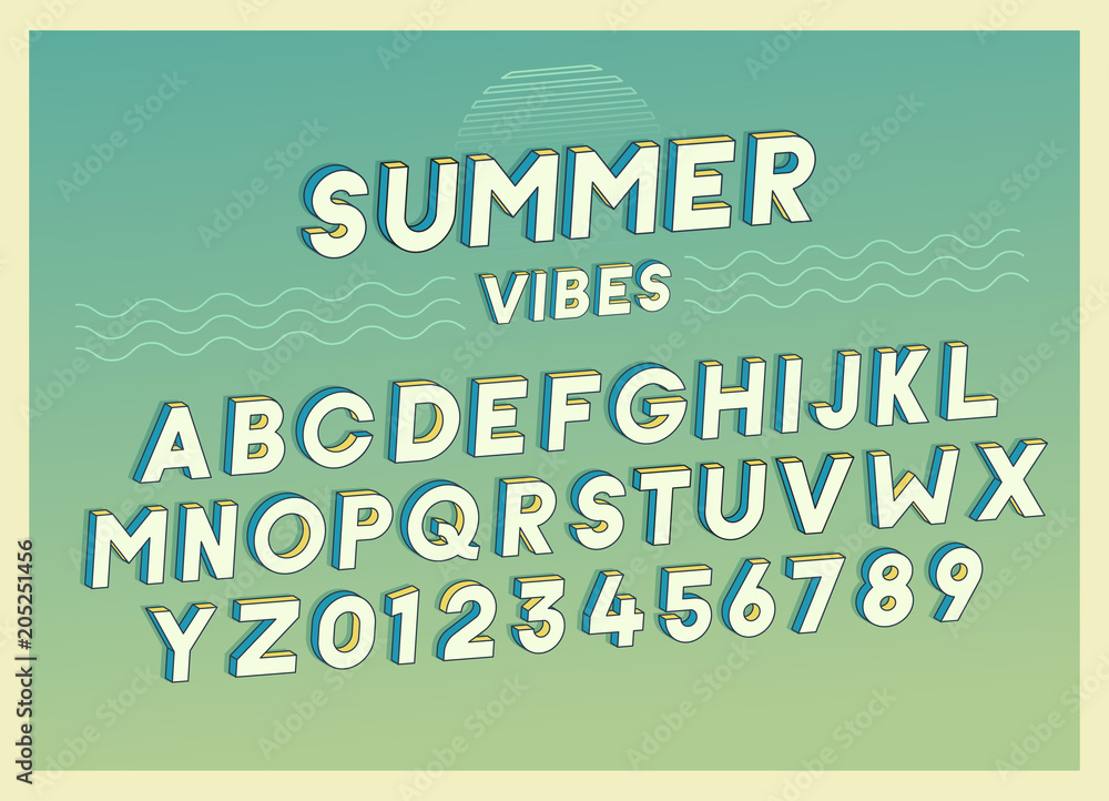 Poster summer vibes font effect design with retro colors. vector art. includes full alphabet and numbers