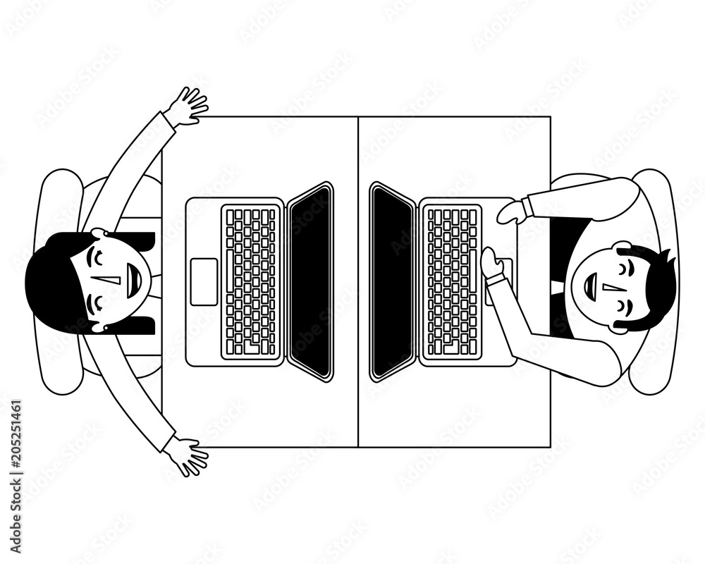 Poster aerial view of teamwork working with laptops vector illustration design