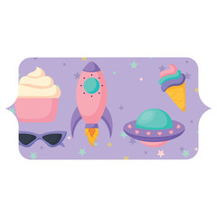 decorative banner with rockets and spaceships pattern over white background, vector illustration