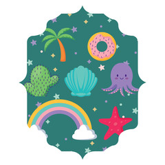 arabic frame with cute octopus and related icons pattern over white background, vector illustration