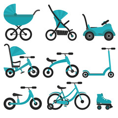 Flat bright blue baby transport set for kids since birth till school. Colorful turquoise vector children transport as stroller, balance bike for package design, stickers, educational apps and books