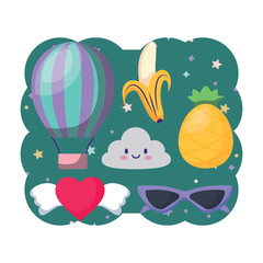 Fototapeta premium decorative frame with kawaii clouds and fruits pattern over white background, vector illustration