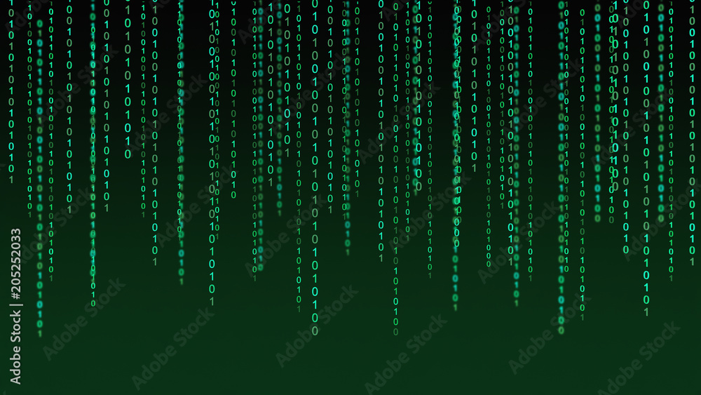 Poster 01 or binary data on the computer screen isolated on green background, 3d illustration