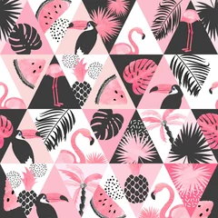Foto op Plexiglas Lichtroze Naadloze aquarel tropische patroon in lappendeken stijl. Vector trendy achtergrond met flamingo, palmbladeren, watermeloen.