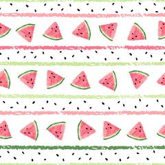 Tapeten Wassermelone Nahtloses Streifenmuster mit Aquarellwassermelonenscheiben. Trendiger Hintergrund des Vektorsommers.