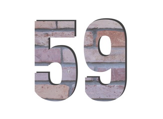 59 Number. Decorative red brick wall texture. English style. White isolated