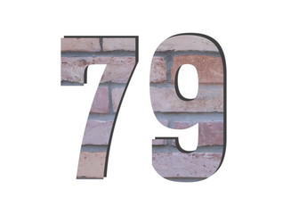 79 Number. Decorative red brick wall texture. English style. White isolated