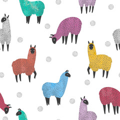 Fototapeta premium Seamless pattern with cute watercolor colorful llama. Vector background with lamas.