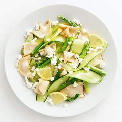 calamari cucumber salad with asparagus, avocado, lemon, and feta