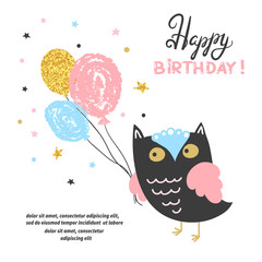 Happy Birthday card design with cute owl and balloons. Vector illustration