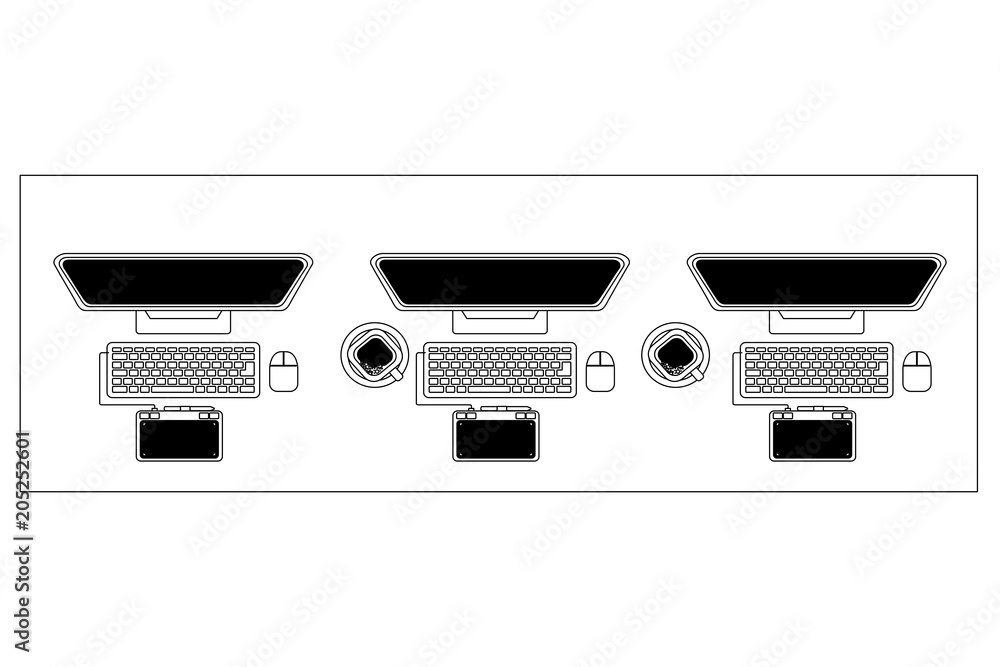 Poster aerial view of desk with laptops computer and chairs office vector illustration design