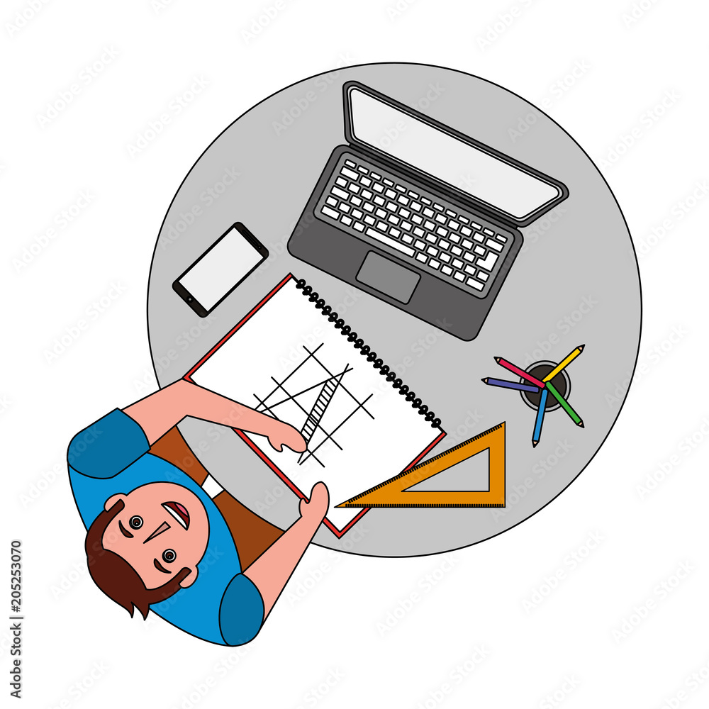 Poster aerial view of man working with computer and architecture vector illustration design
