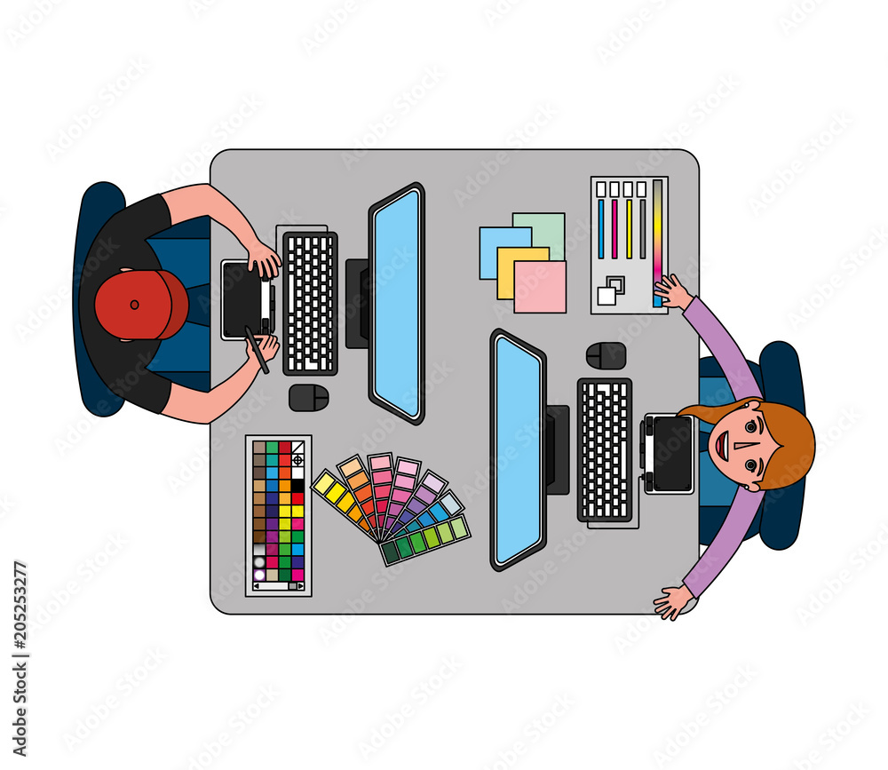 Poster aerial view of teamwork working with computers vector illustration design