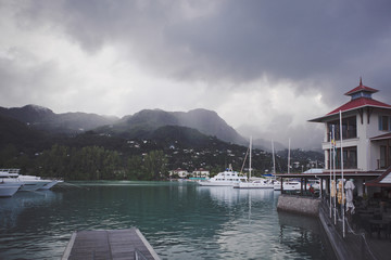Seychelles - November 4, 2012. View of the yacht port. Cloudy sky.