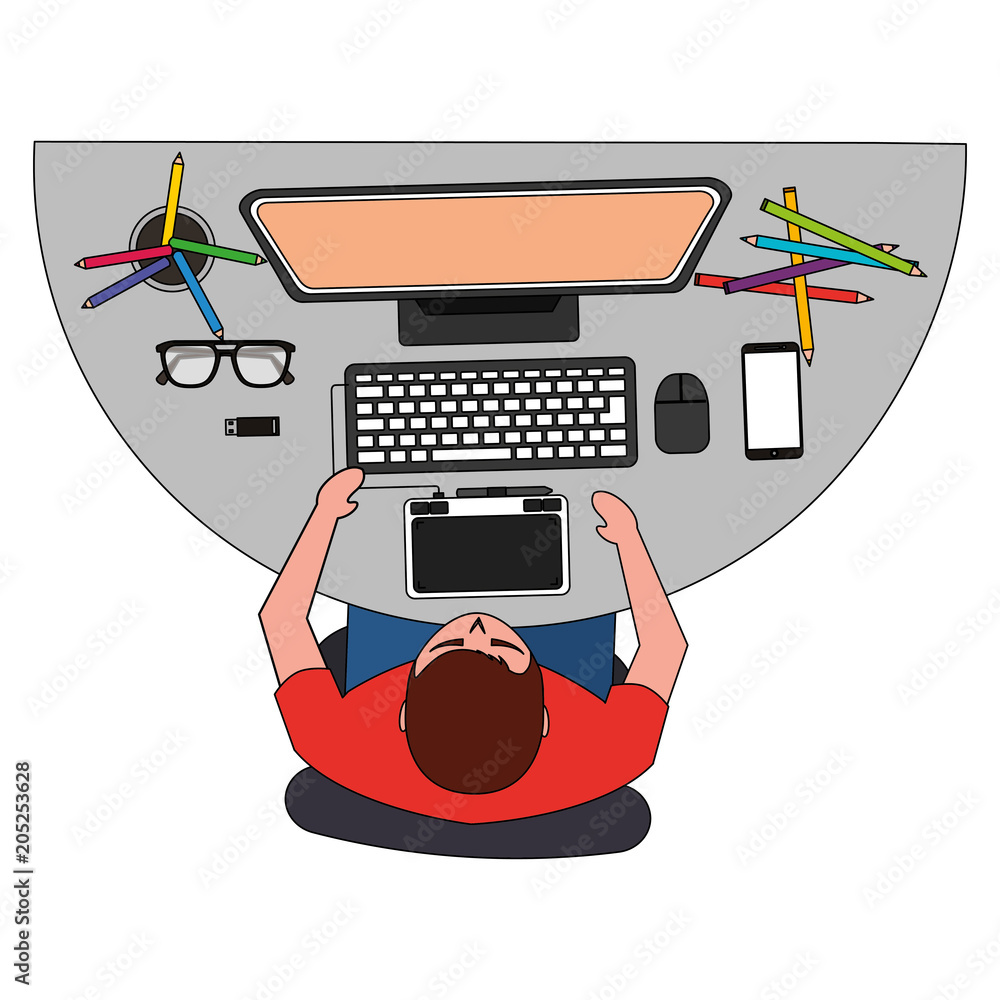 Poster aerial view of graphic designer working with computer vector illustration design